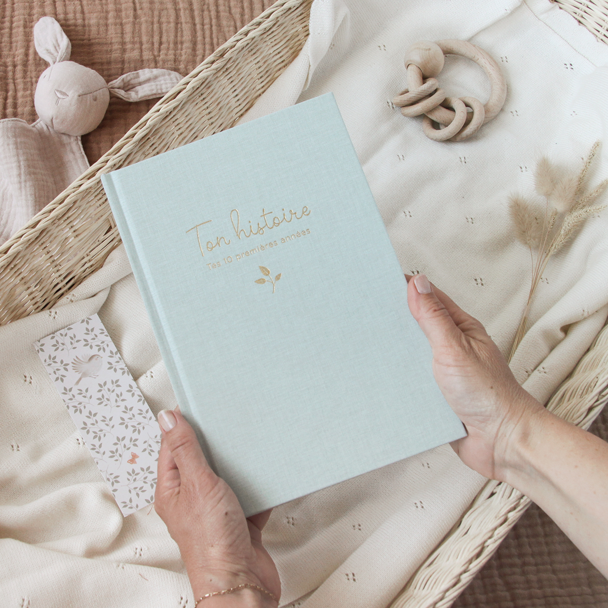 tenir livre ton histoire couleur bleu de Zü boutique cadeaux de naissance bébé